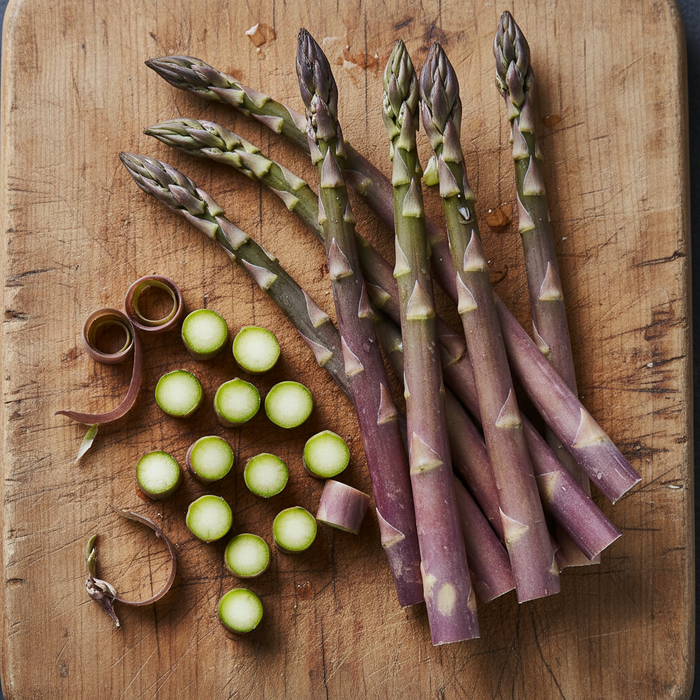 Fresh purple asparagus spears arranged on a wooden cutting board alongside sliced green onions and a curled piece of purple onion, photographed from above.