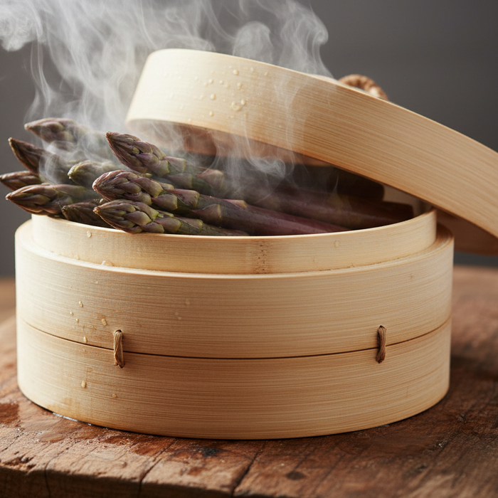 A bamboo steamer basket with its lid propped open, containing steaming asparagus on a rustic wooden cutting board.