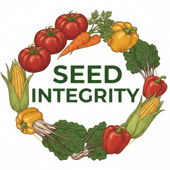 A circular illustrated wreath of vegetables surrounding the words 'SEED INTEGRITY' in dark green text on a white background. The vegetables include red tomatoes, yellow and red bell peppers, corn, carrots, and leafy greens.