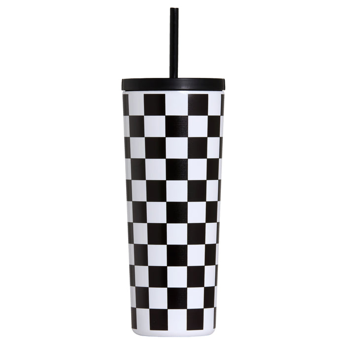 Black and White Checkered 24 oz Insulated Tumbler with Straw & Lid