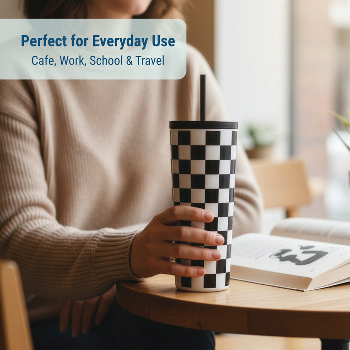 Black and White Checkered 24 oz Insulated Tumbler with Straw & Lid