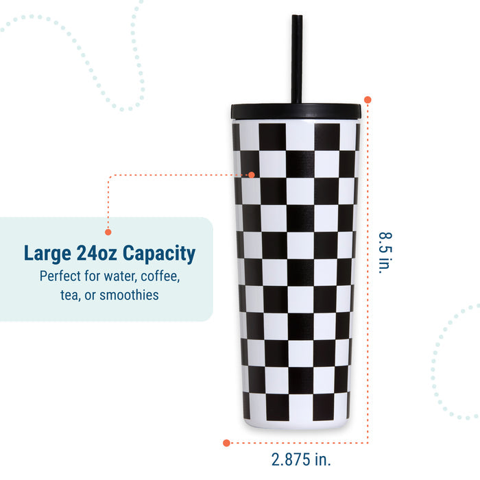 Black and White Checkered 24 oz Insulated Tumbler with Straw & Lid