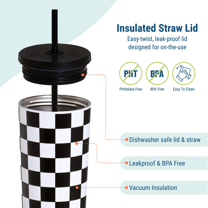 Black and White Checkered 24 oz Insulated Tumbler with Straw & Lid