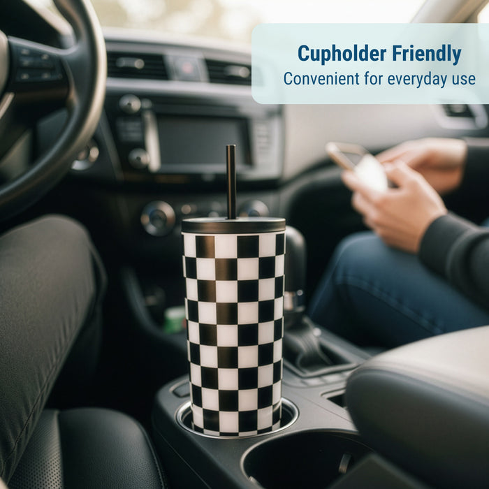 Black and White Checkered 24 oz Insulated Tumbler with Straw & Lid