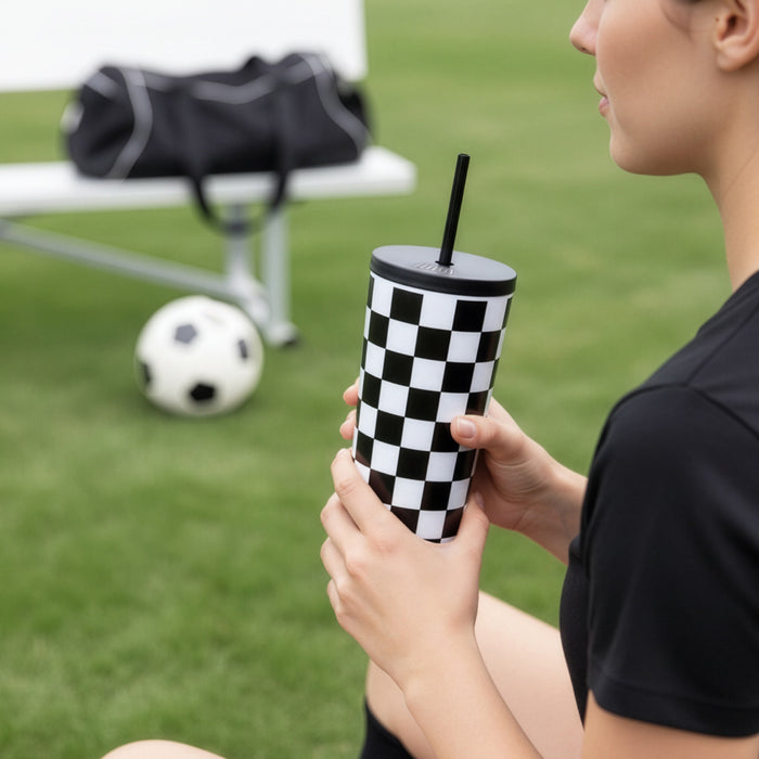 Black and White Checkered 24 oz Insulated Tumbler with Straw & Lid
