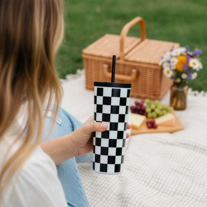 Black and White Checkered 24 oz Insulated Tumbler with Straw & Lid