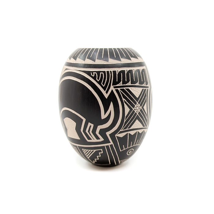 Black and White Etched Mimbres Rabbit Seed Pot
