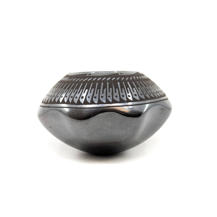 Black on Black Pot with Feather Design