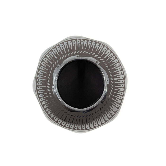 Black on Black Pot with Feather Design