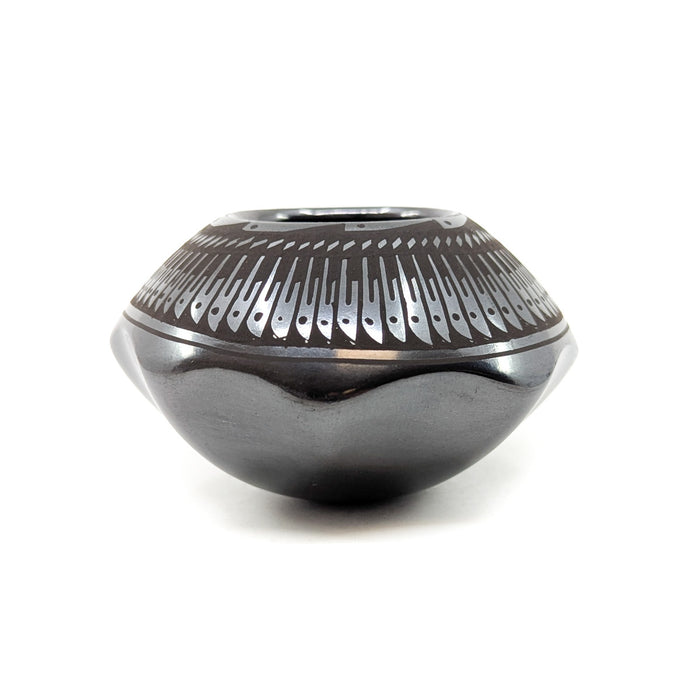 Black on Black Pot with Feather Design