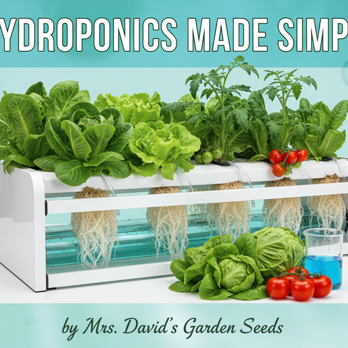 Hydroponic system with plants and text 'Hydroponics Made Simple' by Mrs. David's Garden Seeds.