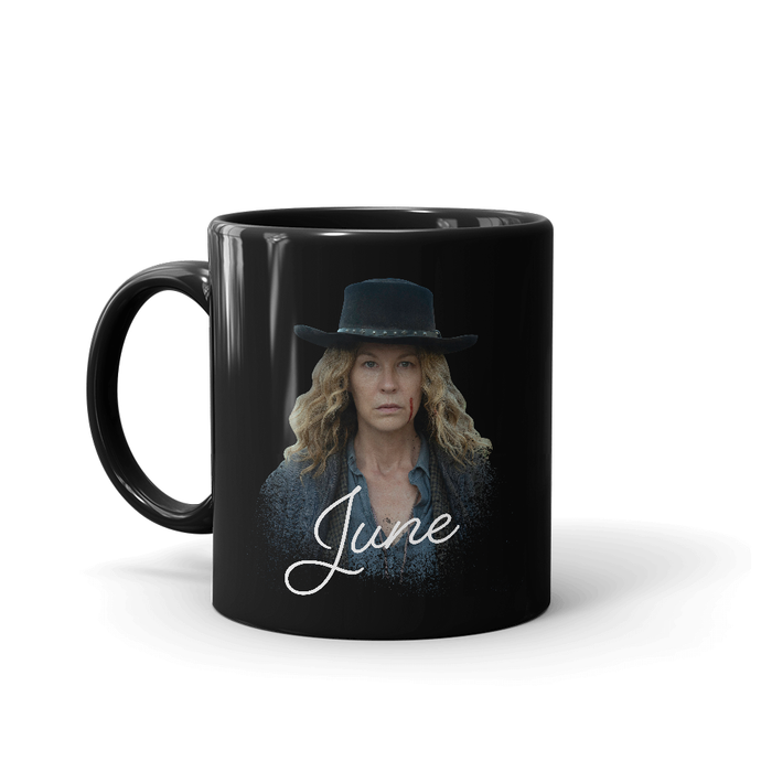 Black ceramic coffee mug featuring a Fear The Walking Dead June Dorie graphic on the front