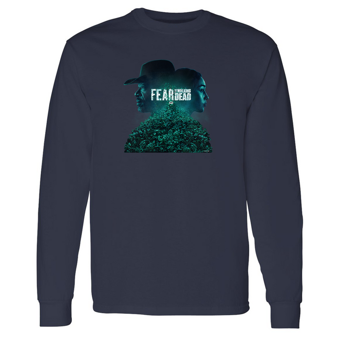 Close-up view of the Fear The Walking Dead graphic print on the front of the t-shirt