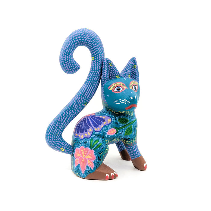 Intricately Painted Blue and Teal Cat with Butterfly Detail