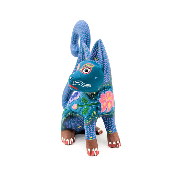Intricately Painted Blue and Teal Cat with Butterfly Detail