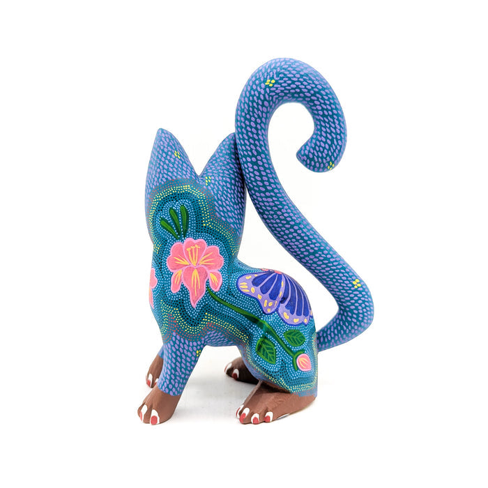 Intricately Painted Blue and Teal Cat with Butterfly Detail