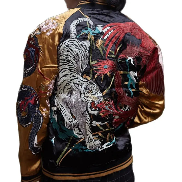 Yokosuka Streetwear Reversible Jackets Coats Black dragon White tiger Phoenix Suzaku Snake turtle Chinese mythical beasts  New Tiger-Universe