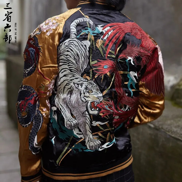 Yokosuka Streetwear Reversible Jackets Coats Black dragon White tiger Phoenix Suzaku Snake turtle Chinese mythical beasts  New Tiger-Universe