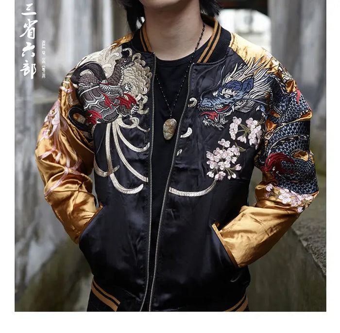 Yokosuka Streetwear Reversible Jackets Coats Black dragon White tiger Phoenix Suzaku Snake turtle Chinese mythical beasts  New Tiger-Universe