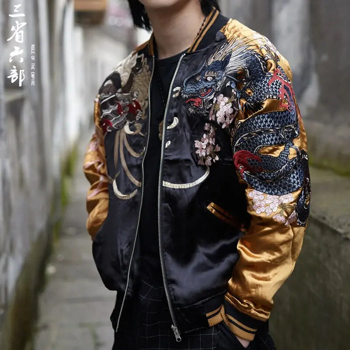 Yokosuka Streetwear Reversible Jackets Coats Black dragon White tiger Phoenix Suzaku Snake turtle Chinese mythical beasts  New Tiger-Universe