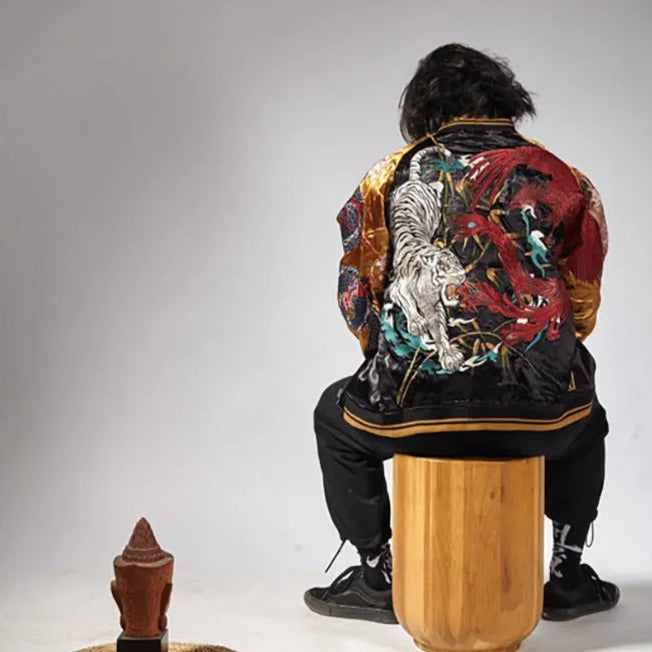 Yokosuka Streetwear Reversible Jackets Coats Black dragon White tiger Phoenix Suzaku Snake turtle Chinese mythical beasts  New Tiger-Universe