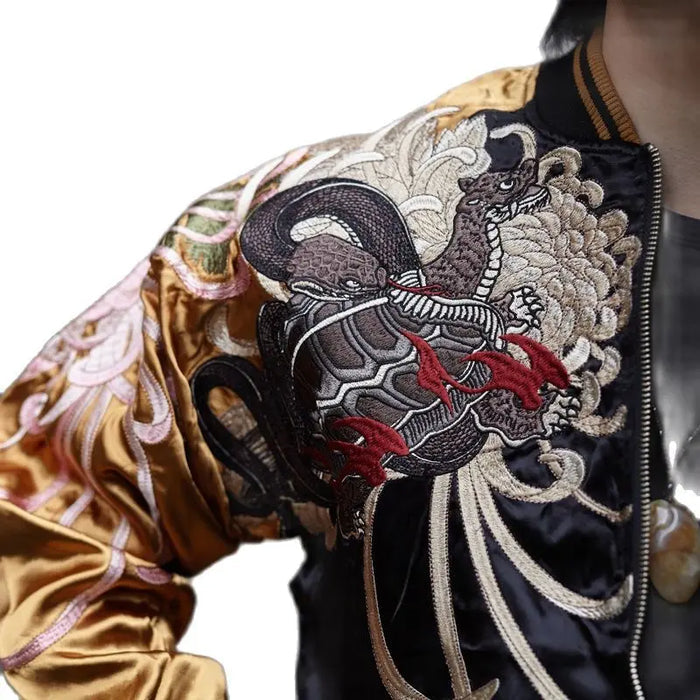 Yokosuka Streetwear Reversible Jackets Coats Black dragon White tiger Phoenix Suzaku Snake turtle Chinese mythical beasts  New Tiger-Universe