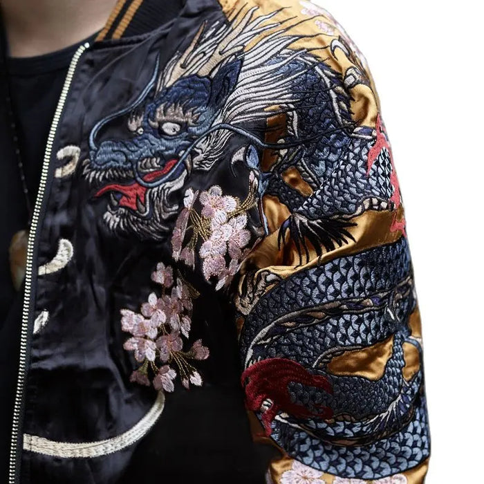 Yokosuka Streetwear Reversible Jackets Coats Black dragon White tiger Phoenix Suzaku Snake turtle Chinese mythical beasts  New Tiger-Universe