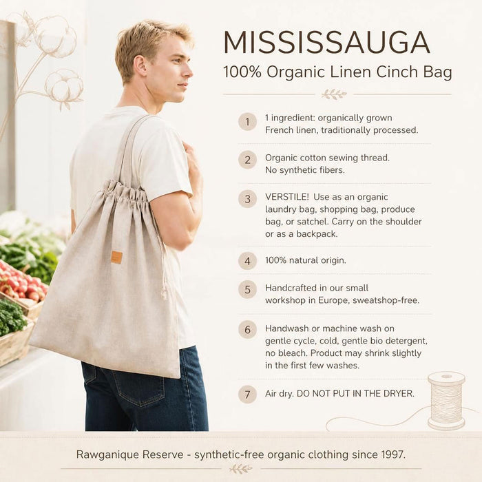 100% organic linen cinch bag for laundry and shopping plastic-free polyester-free