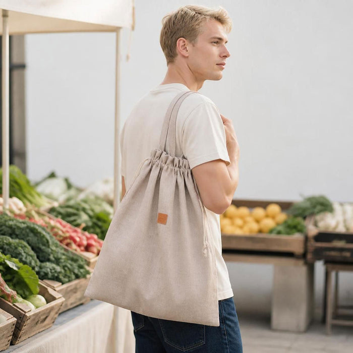 100% organic linen cinch bag for laundry and shopping plastic-free