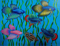 Print of a Painting of a Group of Siamese Fighting Fish