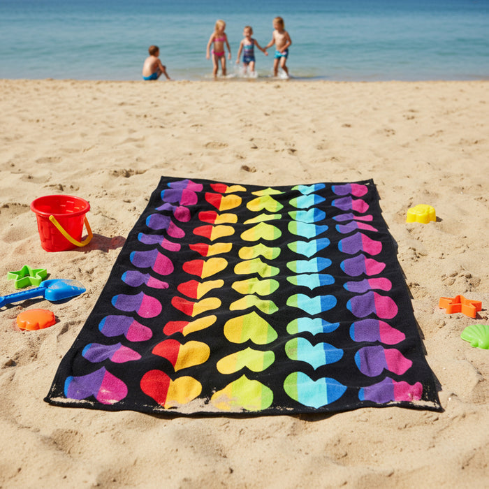 Rainbow Hearts 100% Cotton Beach Towel