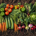 Assorted fresh vegetables including carrots, tomatoes, and leafy greens on a soil background