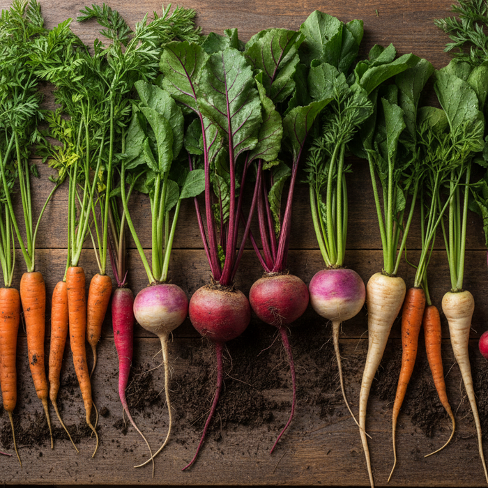 Assorted root vegetables with green tops on a wooden surface