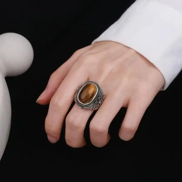 Silver Tiger Eye Ring Carved Flower Tiger-Universe