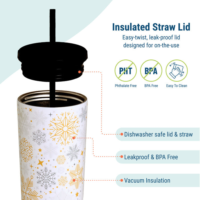 Snow Flakes 24 oz Insulated Tumbler with Straw & Lid