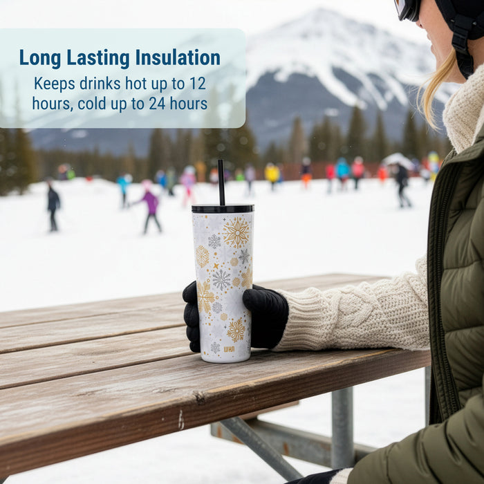 Snow Flakes 24 oz Insulated Tumbler with Straw & Lid