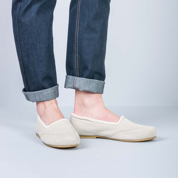 SNOW WHITE Handmade Hemp Ballet Flats (Lined with 100% Organic Cotton Fleece) (Natural Rubber Sole) (Discontinued)