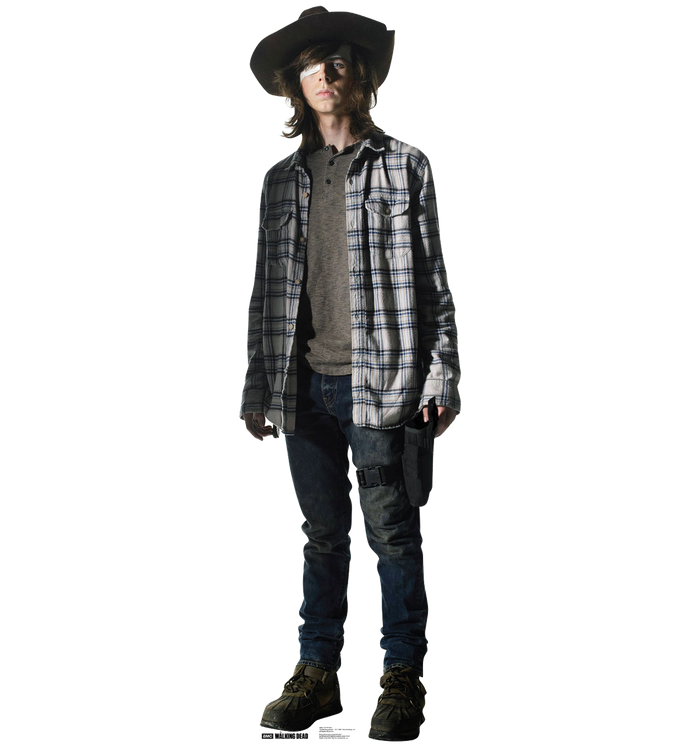 Life-size cardboard cutout of Carl Grimes from The Walking Dead standing upright with an easel back