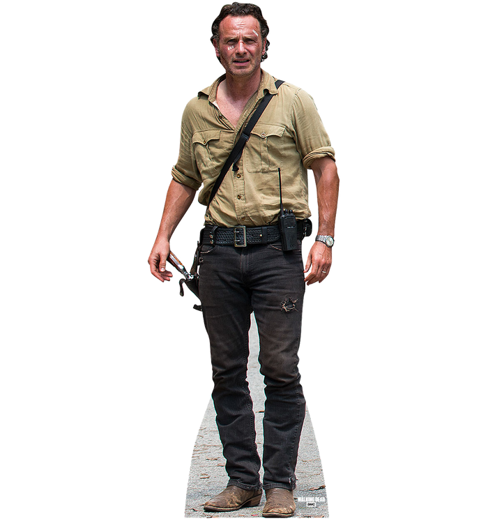 Life-size cardboard cutout of Rick Grimes from The Walking Dead standing tall with a realistic print and easel back support