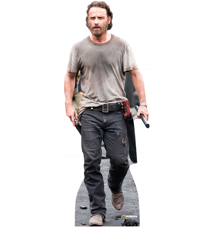 Life-size cardboard cutout of Rick Grimes from The Walking Dead standing with an easel back