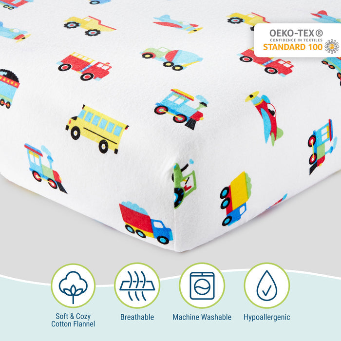 Trains, Planes & Trucks 100% Cotton Flannel Fitted Crib Sheet