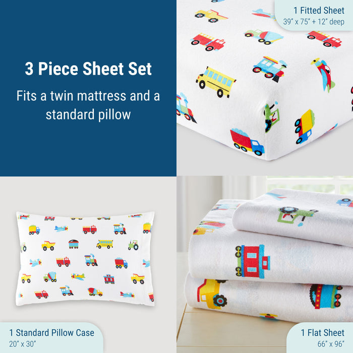Trains Planes & Trucks 100% Cotton Flannel Sheet Set