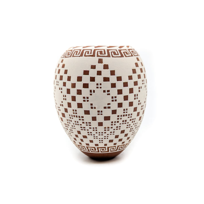 White Seed Pot with Clay Checkerboard Detail